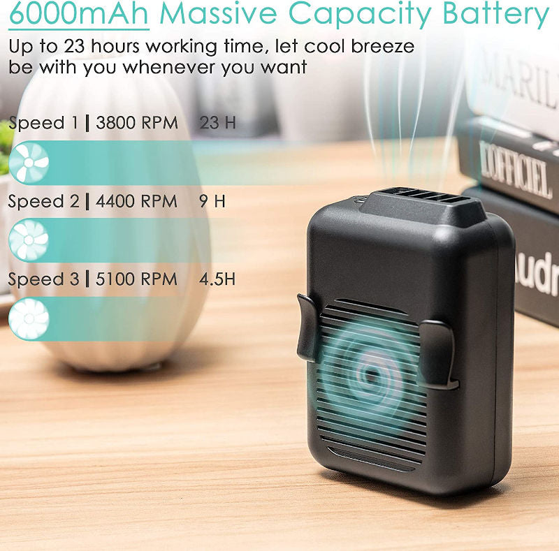 “Mini Waist Fan®” ventilador portátil de cintura, 6000 mAh con batería, 3 velocidades, flujo de aire fuerte de 5100 RPM